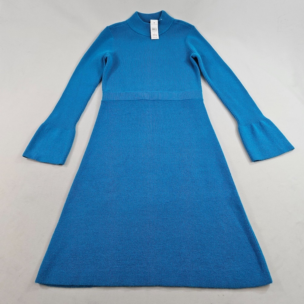 Ann Taylor Royal Blue Ribbed Knit Mock Neck Midi Sweater Dress Gold Buttons S